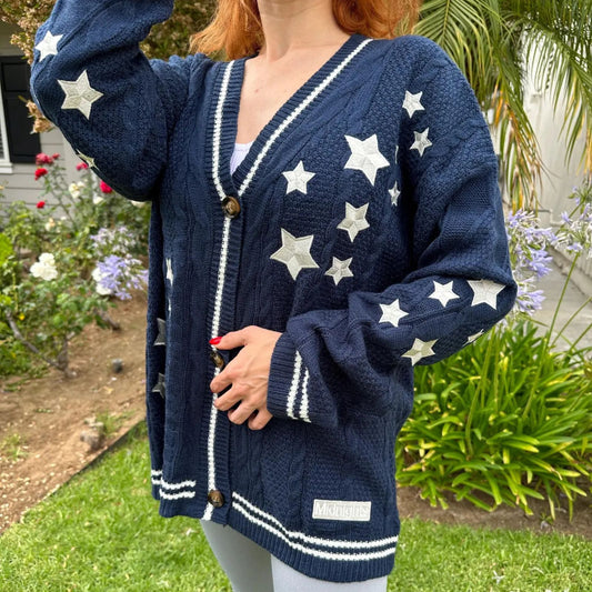 Taylor Swift Midnights Album Cardigan Star Embroidered- Oversized Folklore Navy Blue Cozy Sweater – Cable Knit Button Up – Hand Knitted Style