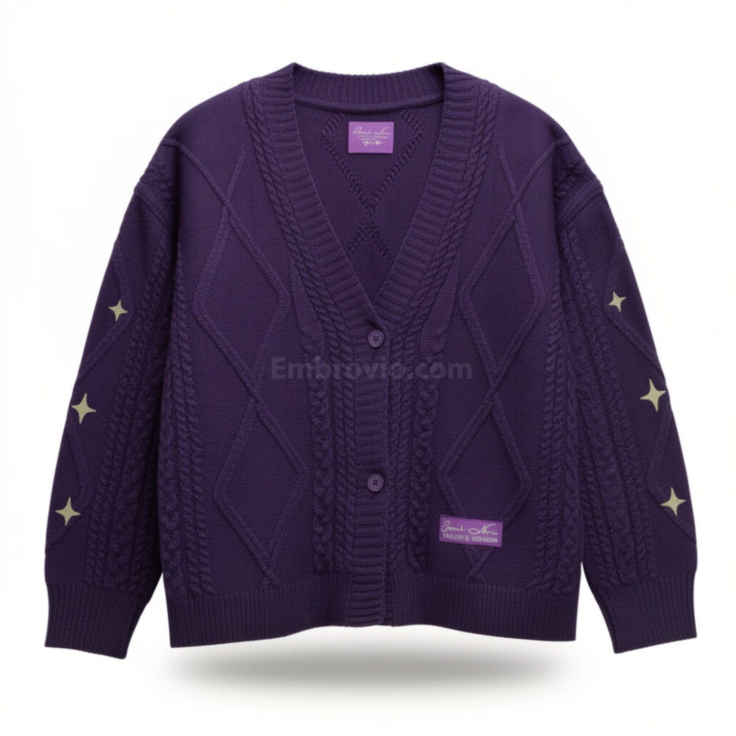 Taylor Swift Speak Now Cardigan – Star Embroidered Oversized Purple Sweater – Cozy Cable Knit Button Up – Hand Knitted Style