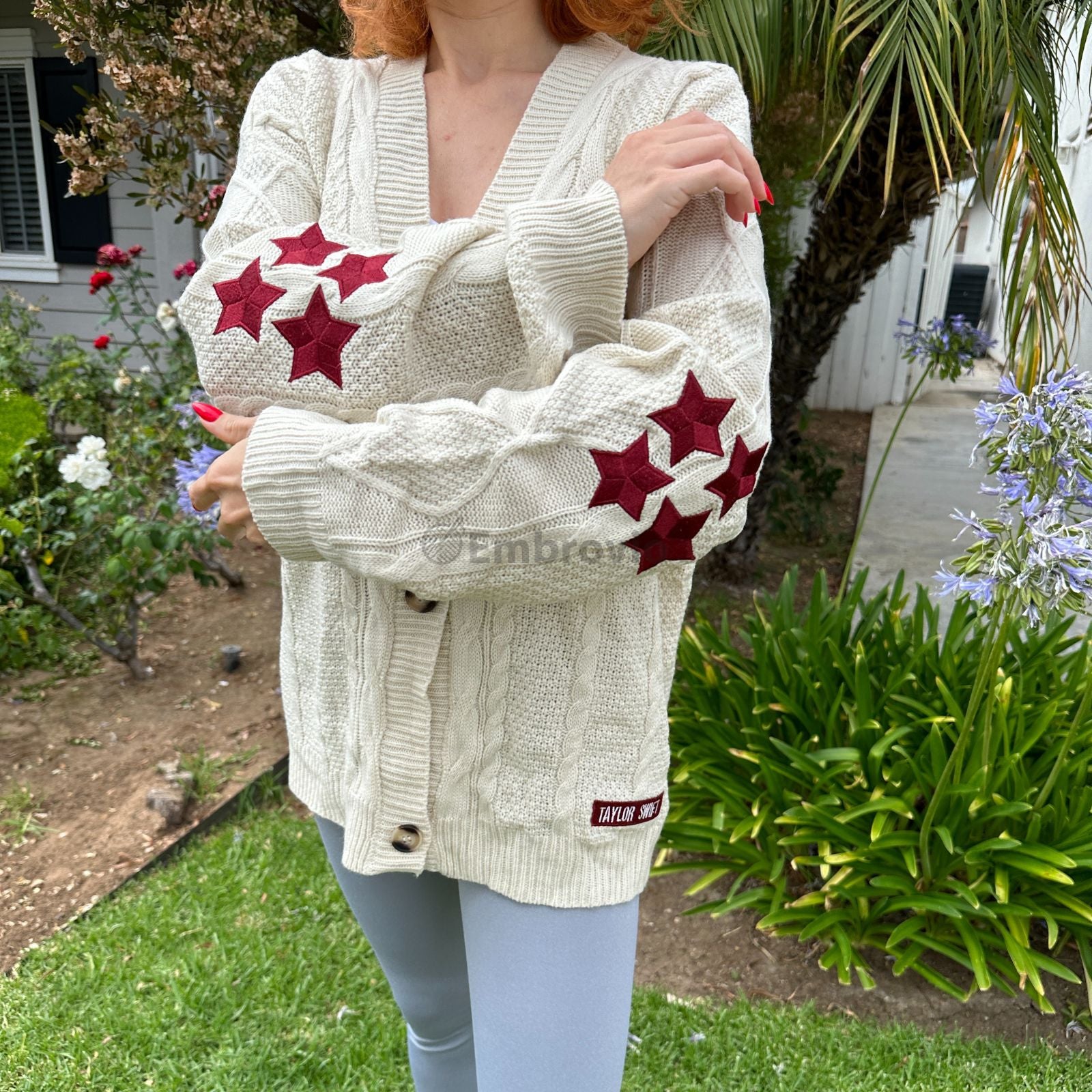 Taylor Swift Cardigan – Folklore Inspired Red 4 Star Embroidered Oversized Knit