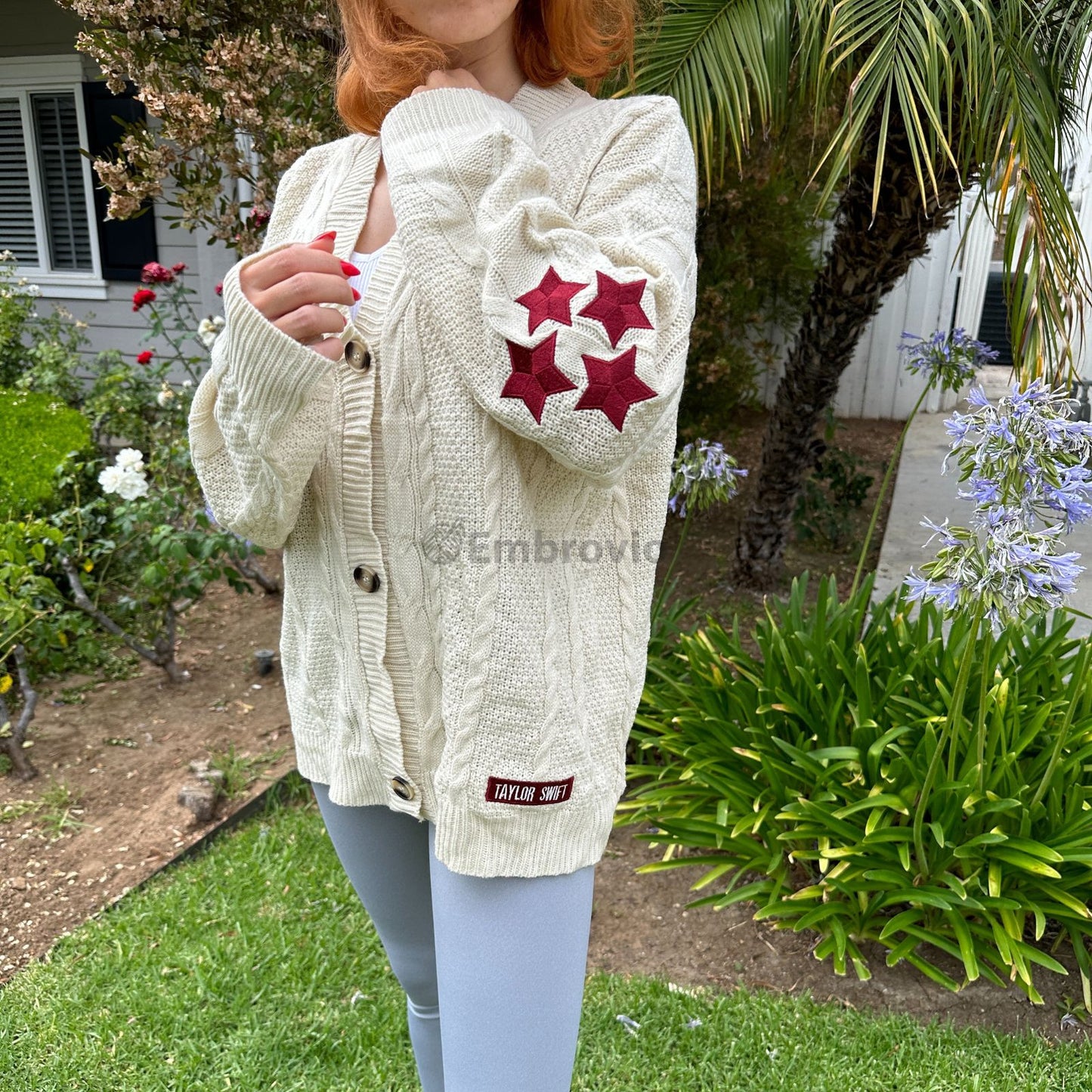 Taylor Swift Cardigan – Folklore Inspired Red 4 Star Embroidered Oversized Knit