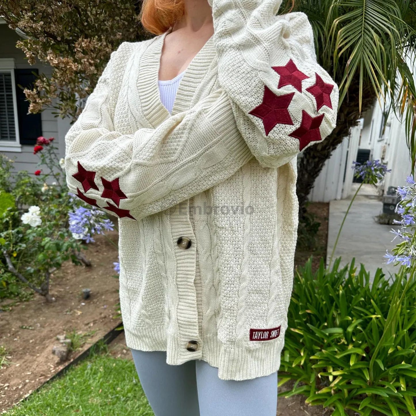 Taylor Swift Cardigan – Folklore Inspired Red 4 Star Embroidered Oversized Knit