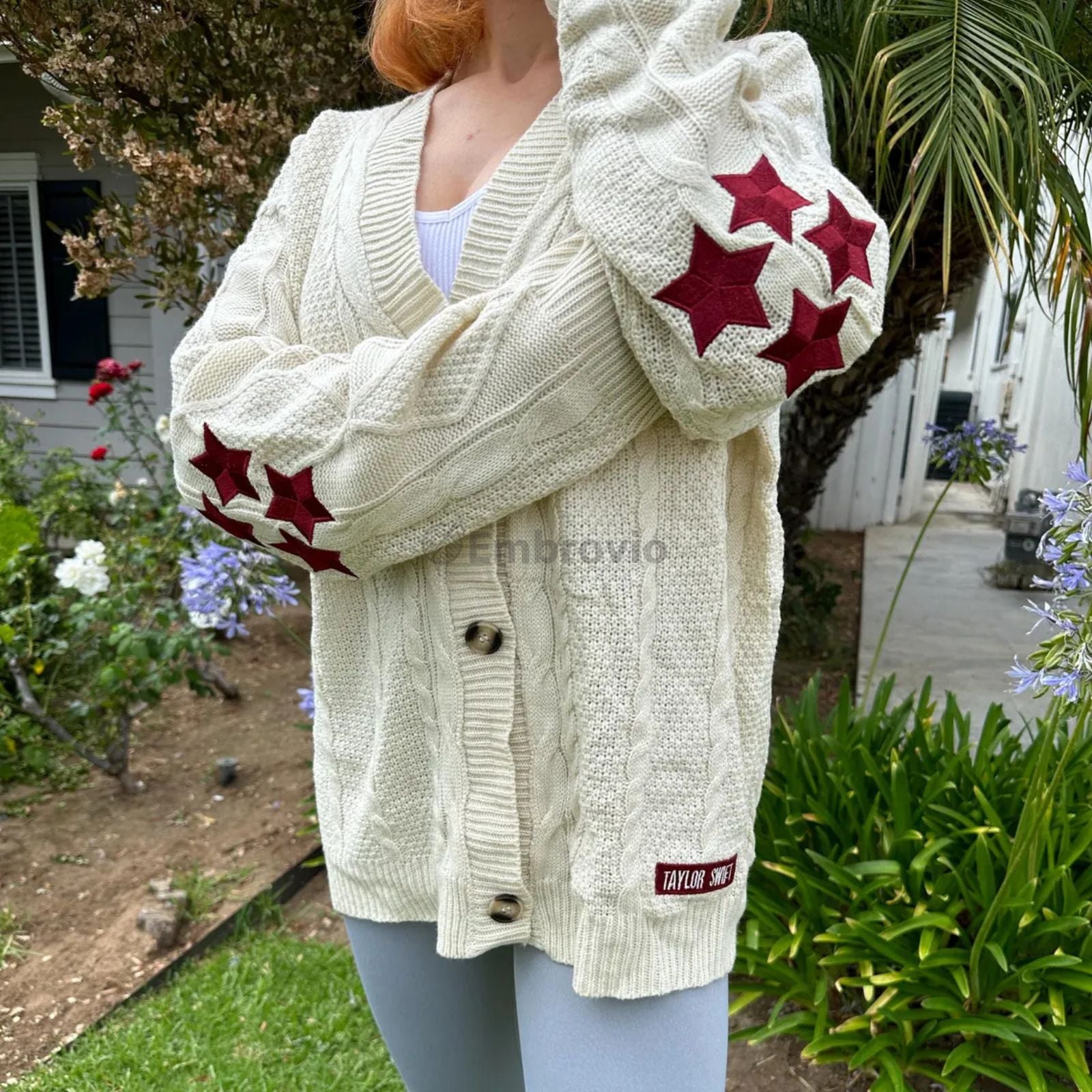 Taylor Swift Cardigan – Folklore Inspired Red 4 Star Embroidered Oversized Knit