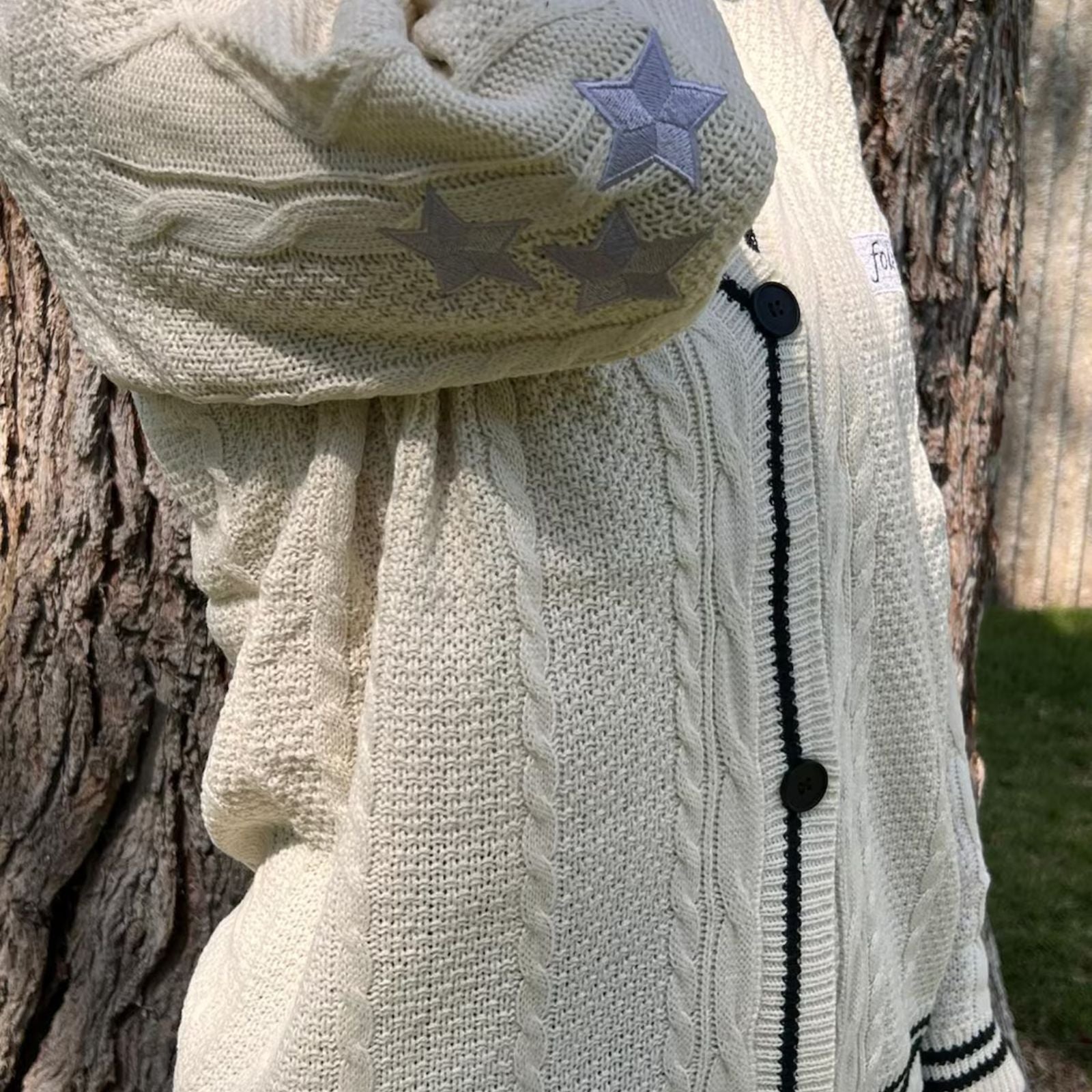 Taylor Swift Folklore Album Cardigan - Star Embroidered Oversized Sweater - Cozy Cable Taylor Swift Knit Button Up - Hand Knitted Style Holiday Gift for Her