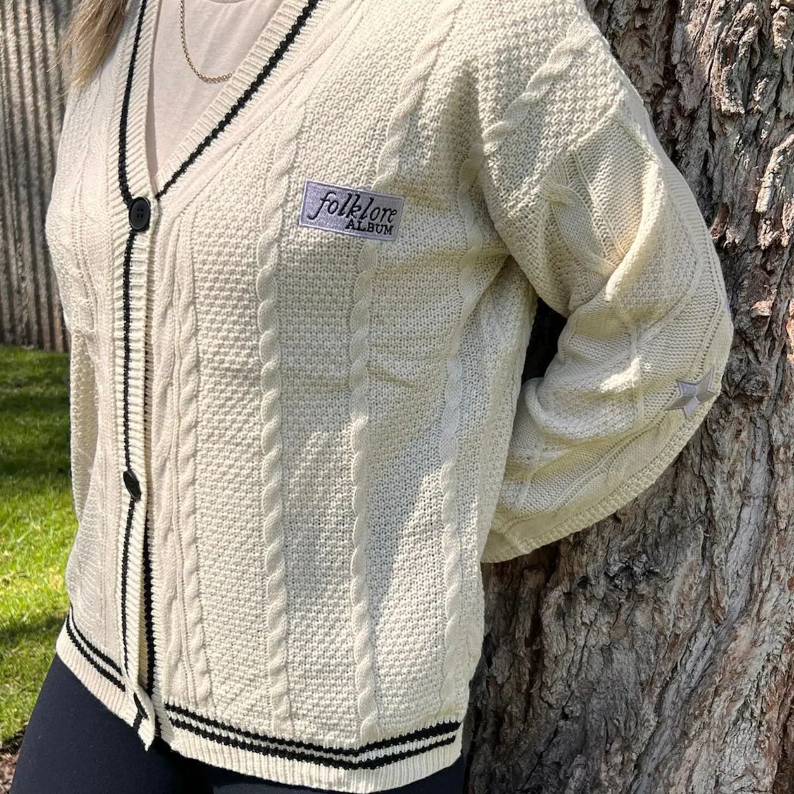 Taylor Swift Folklore Album Cardigan - Star Embroidered Oversized Sweater - Cozy Cable Taylor Swift Knit Button Up - Hand Knitted Style Holiday Gift for Her