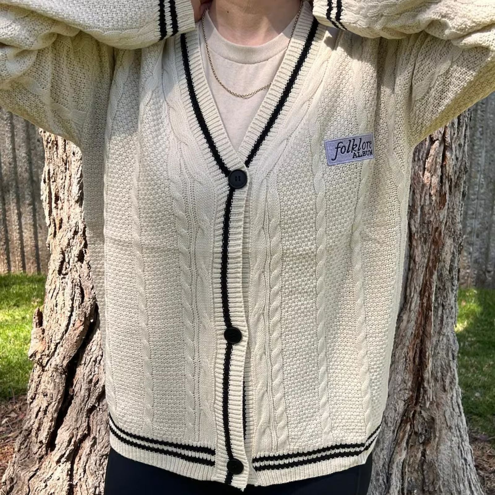 Taylor Swift Folklore Album Cardigan - Star Embroidered Oversized Sweater - Cozy Cable Taylor Swift Knit Button Up - Hand Knitted Style Holiday Gift for Her