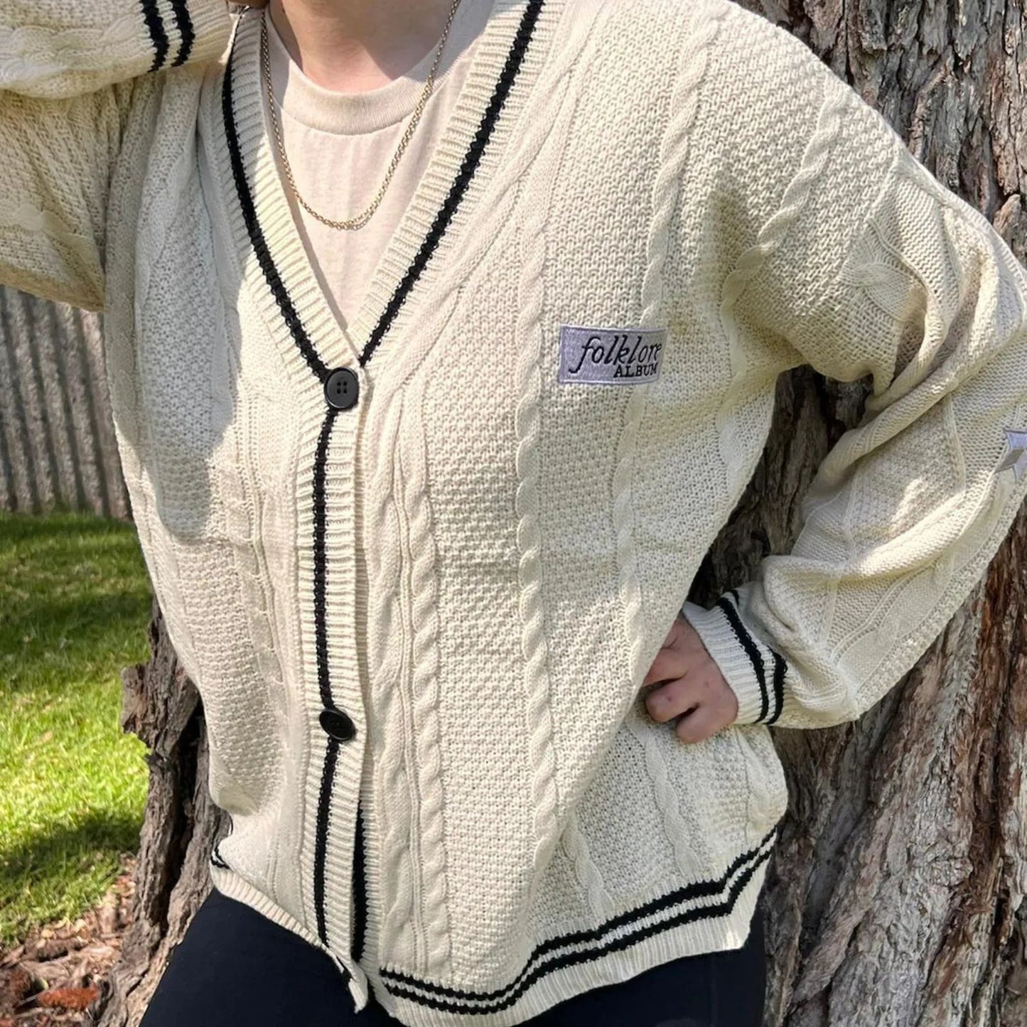 Taylor Swift Folklore Album Cardigan - Star Embroidered Oversized Sweater - Cozy Cable Taylor Swift Knit Button Up - Hand Knitted Style Holiday Gift for Her