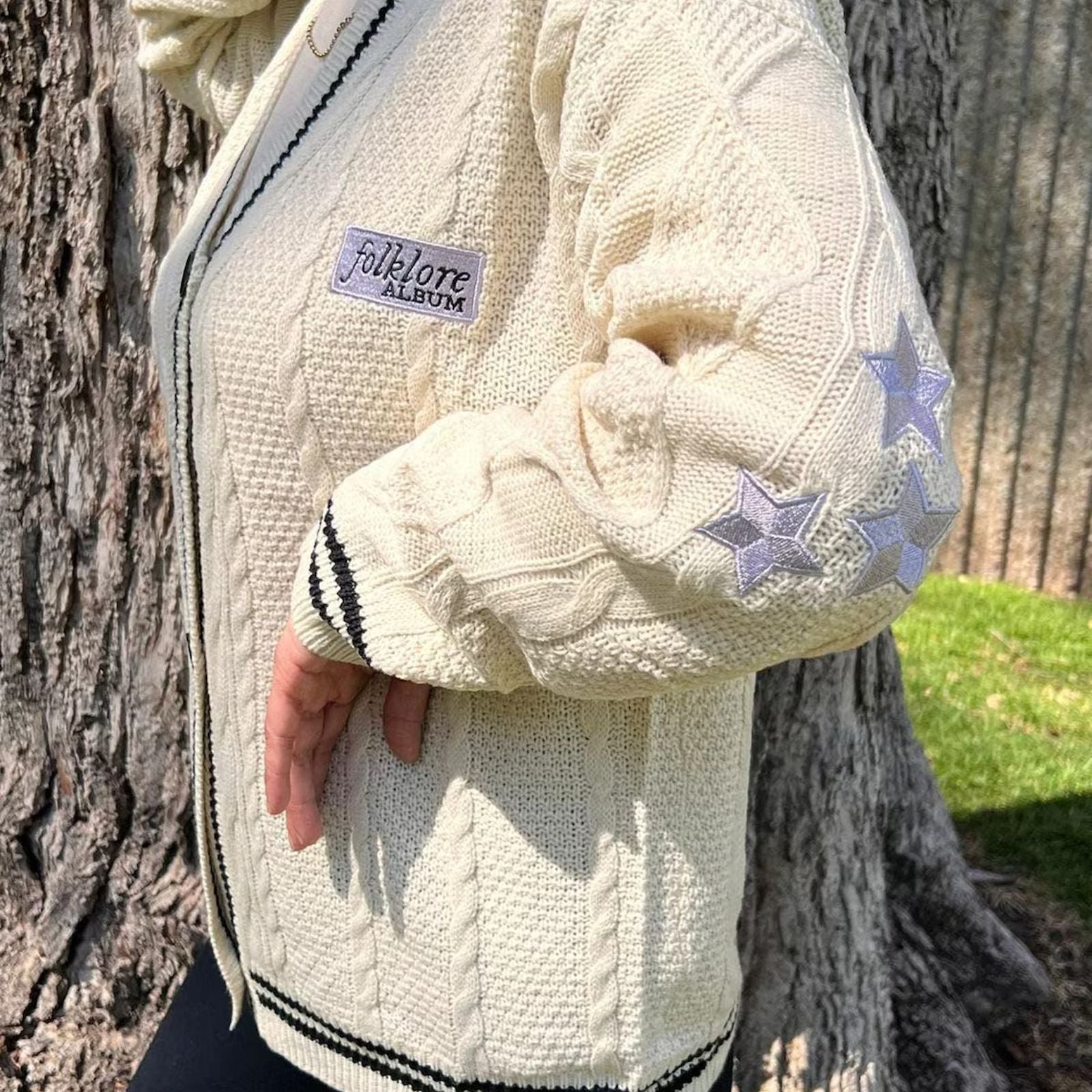 Taylor Swift Folklore Album Cardigan - Star Embroidered Oversized Sweater - Cozy Cable Taylor Swift Knit Button Up - Hand Knitted Style Holiday Gift for Her