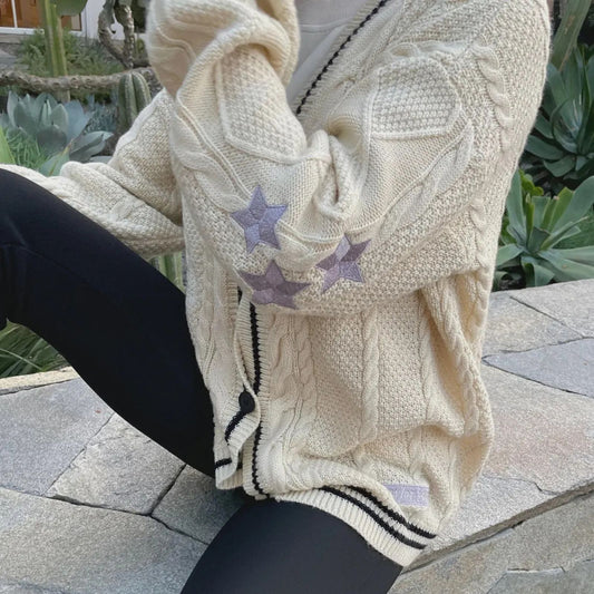 Taylor Swift Folklore Cardigan – Star Embroidered Oversized Sweater – Cozy Cable Knit Button Up – Hand Knitted Style Holiday Gift
