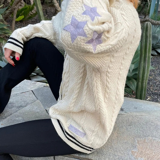 Taylor Swift Folklore Cardigan – Star Embroidered Oversized Sweater – Cozy Cable Knit Button Up – Hand Knitted Style Holiday Gift
