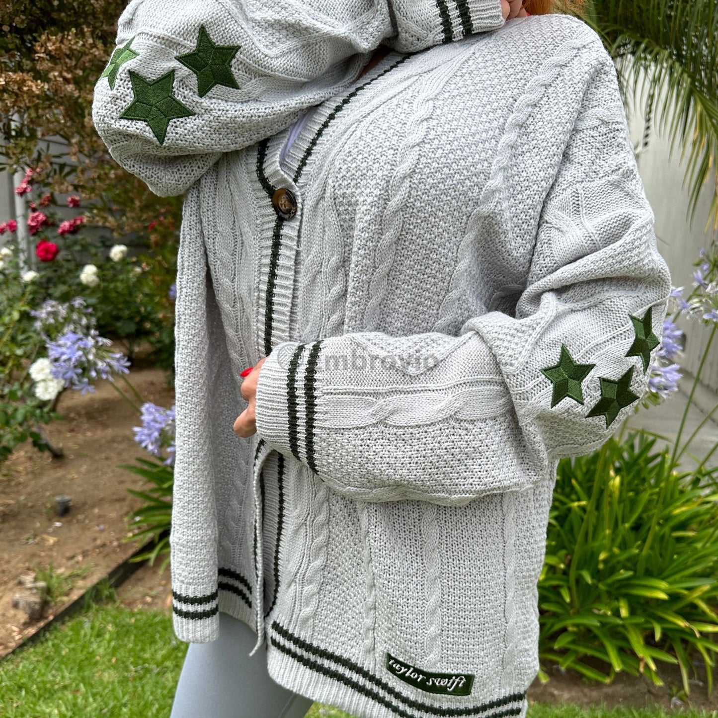 Taylor Swift Folklore Inspired Cardigan – Green 3 Star Embroidered Knit