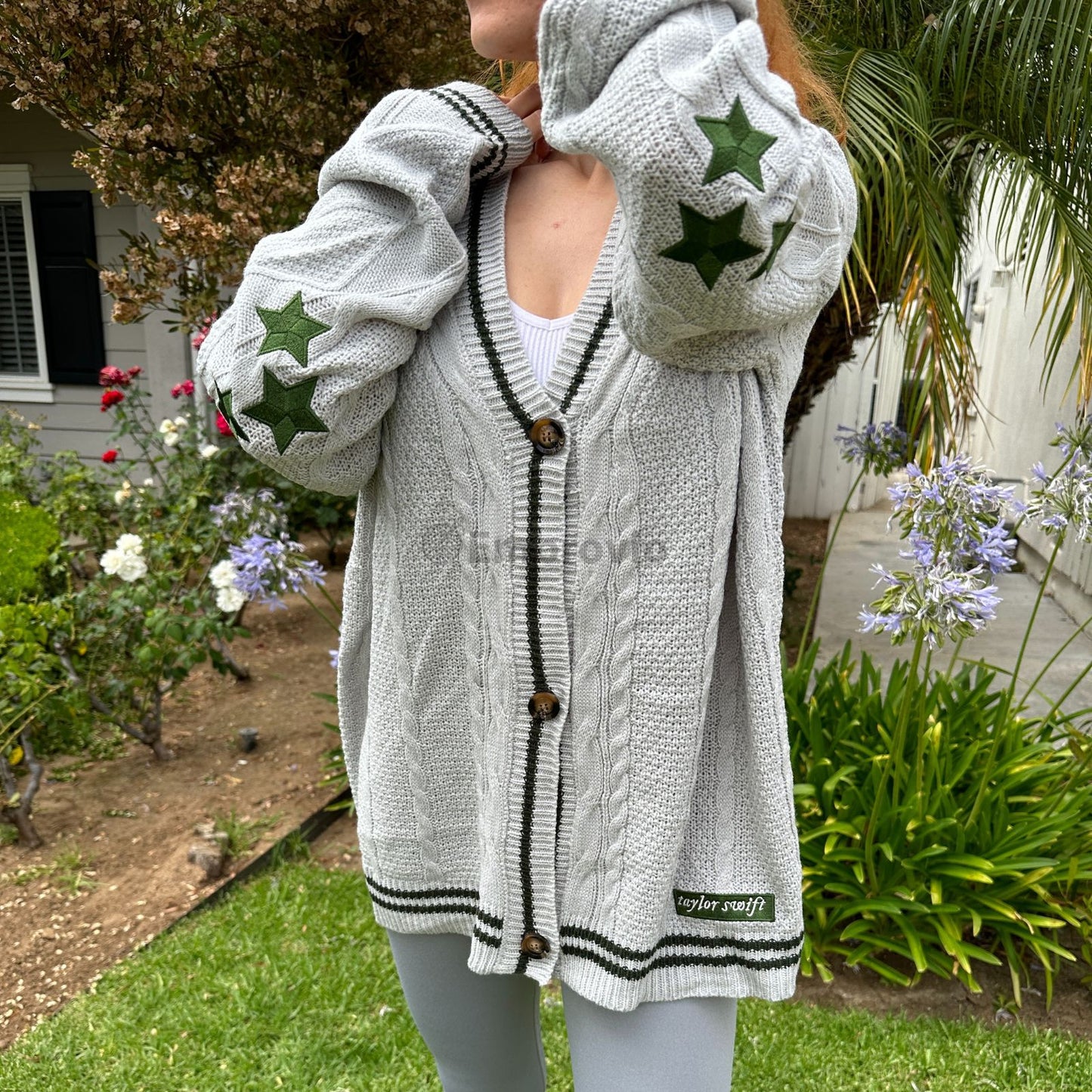 Taylor Swift Folklore Inspired Cardigan – Green 3 Star Embroidered Knit