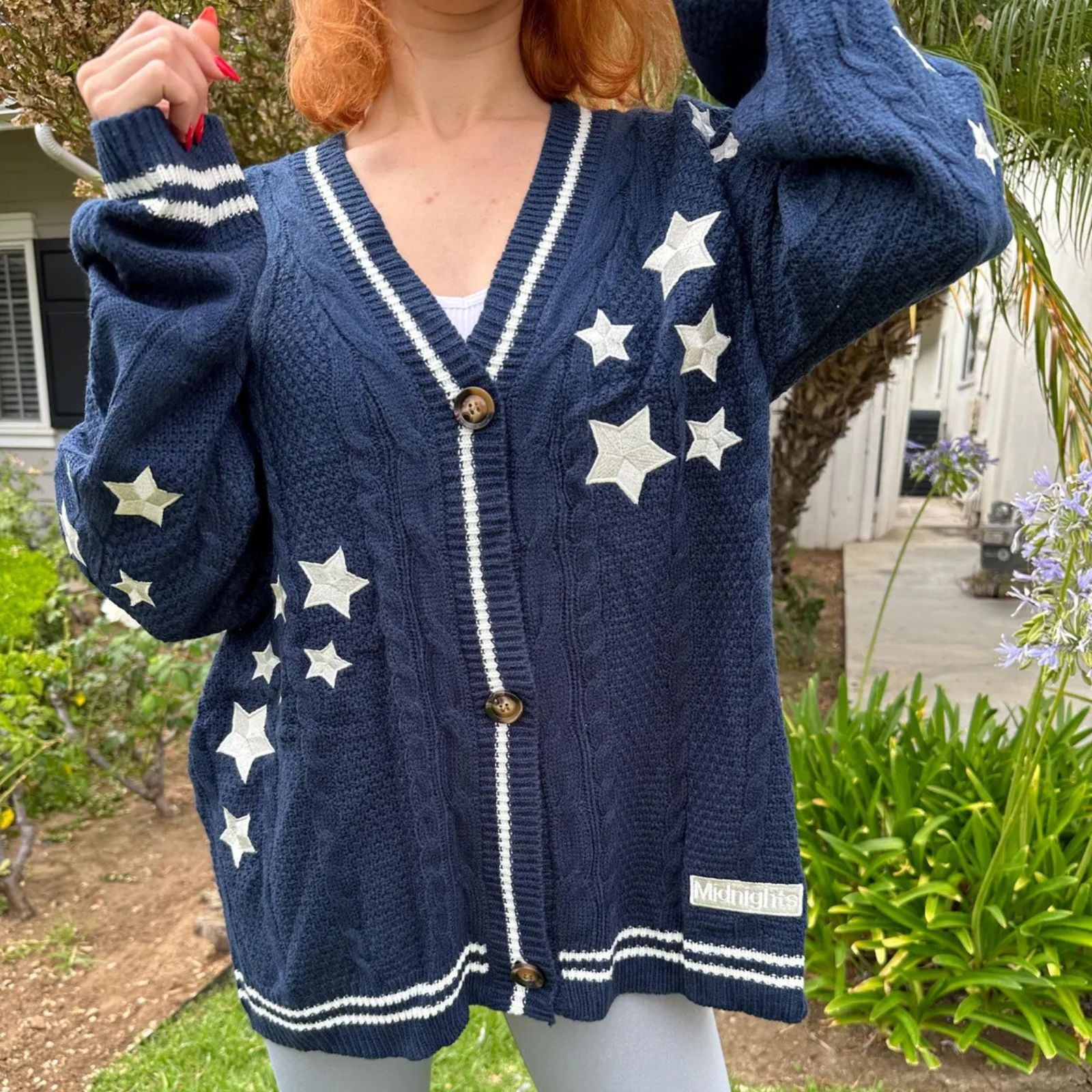 Taylor Swift Midnights Album Cardigan Star Embroidered- Oversized Folklore Navy Blue Cozy Sweater – Cable Knit Button Up – Hand Knitted Style