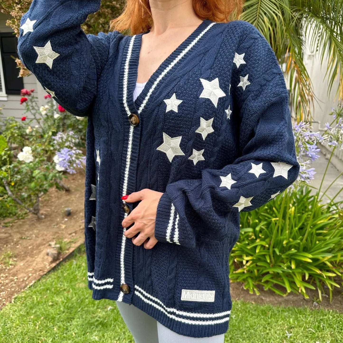 Taylor Swift Midnights Album Cardigan Star Embroidered- Oversized Folklore Navy Blue Cozy Sweater – Cable Knit Button Up – Hand Knitted Style