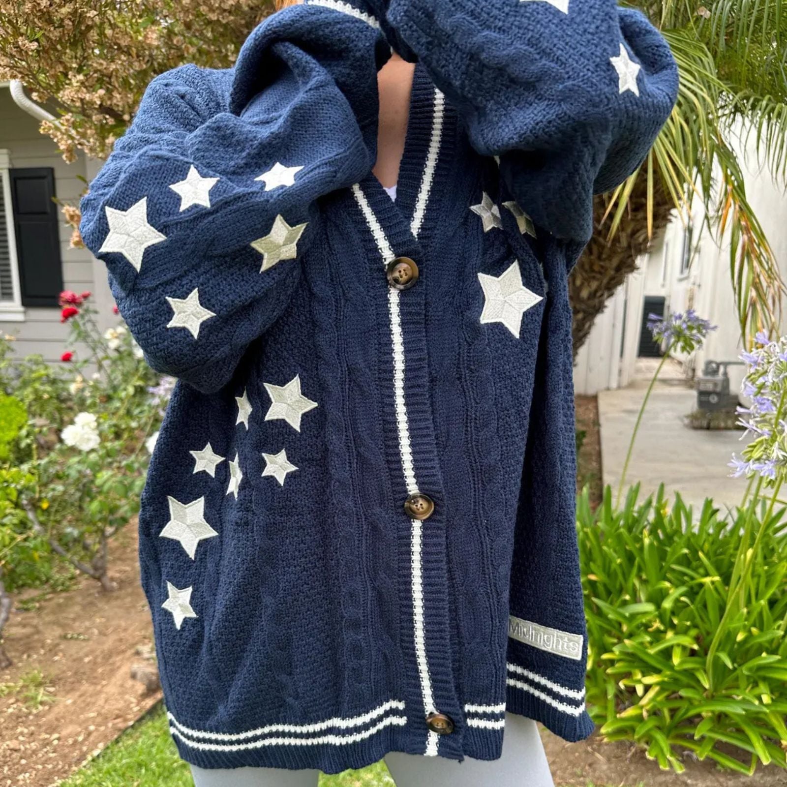 Taylor Swift Midnights Album Cardigan Star Embroidered- Oversized Folklore Navy Blue Cozy Sweater – Cable Knit Button Up – Hand Knitted Style