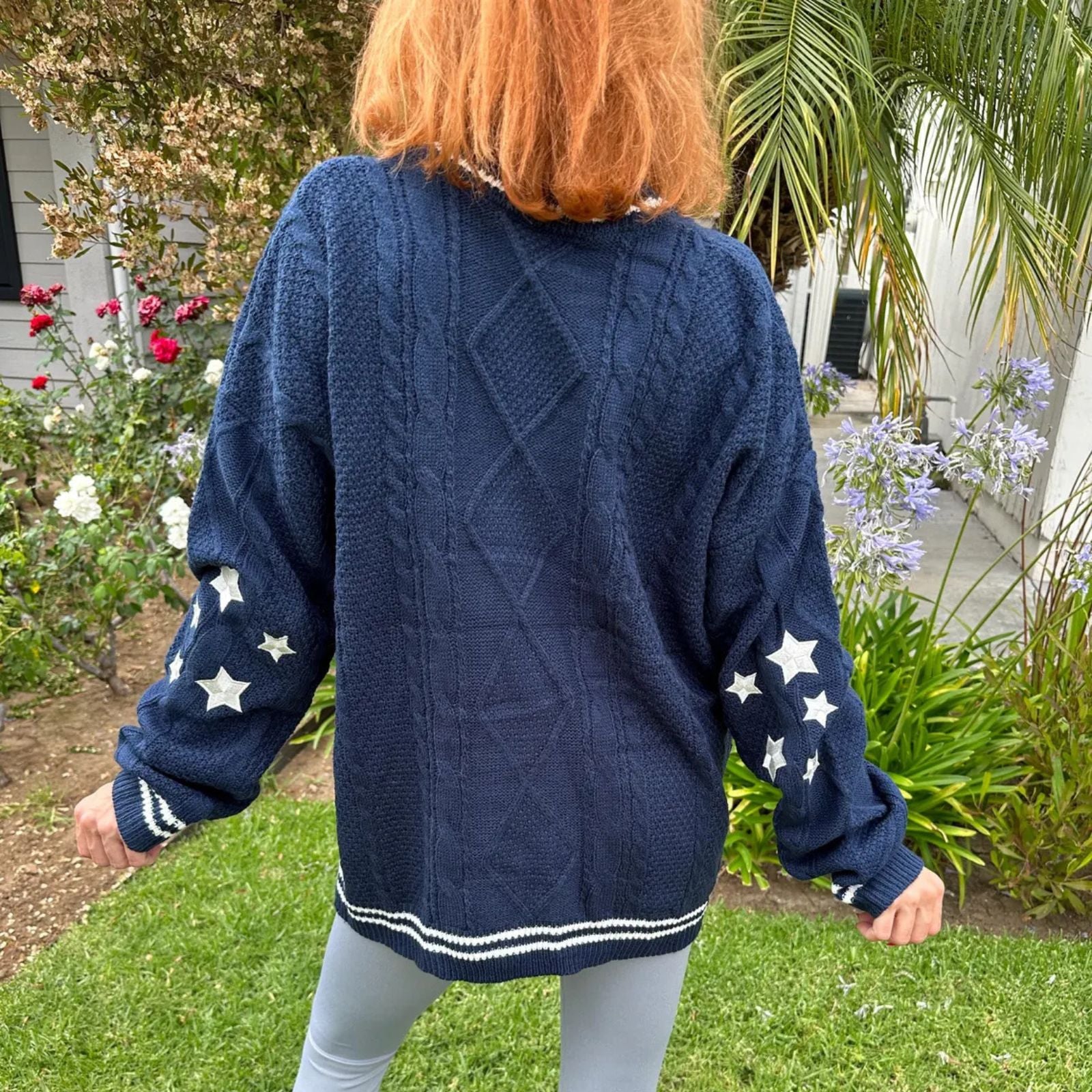Taylor Swift Midnights Album Cardigan Star Embroidered- Oversized Folklore Navy Blue Cozy Sweater – Cable Knit Button Up – Hand Knitted Style