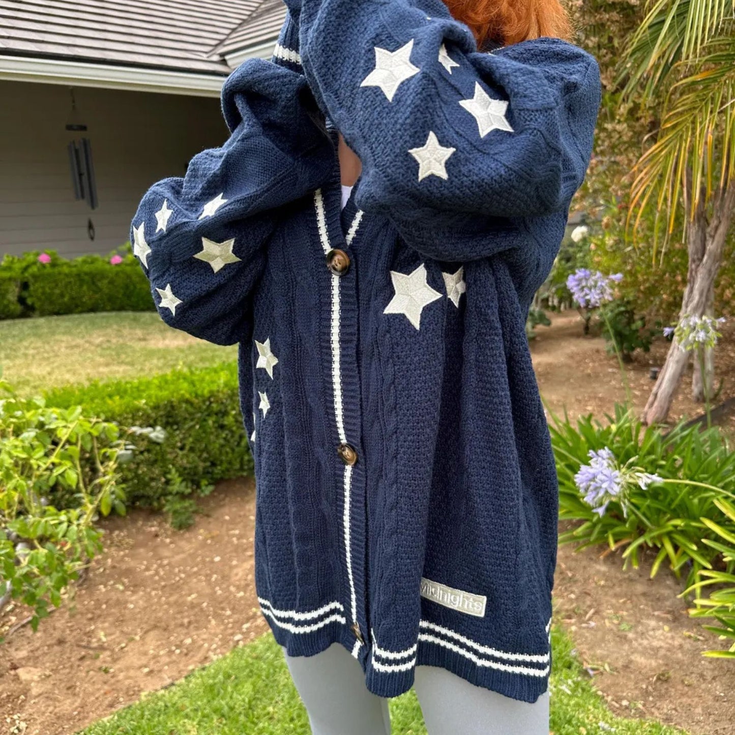 Taylor Swift Midnights Album Cardigan Star Embroidered- Oversized Folklore Navy Blue Cozy Sweater – Cable Knit Button Up – Hand Knitted Style