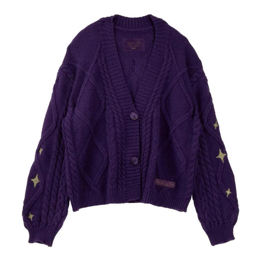 Taylor Swift Speak Now Cardigan – Star Embroidered Oversized Purple Sweater – Cozy Cable Knit Button Up – Hand Knitted Style