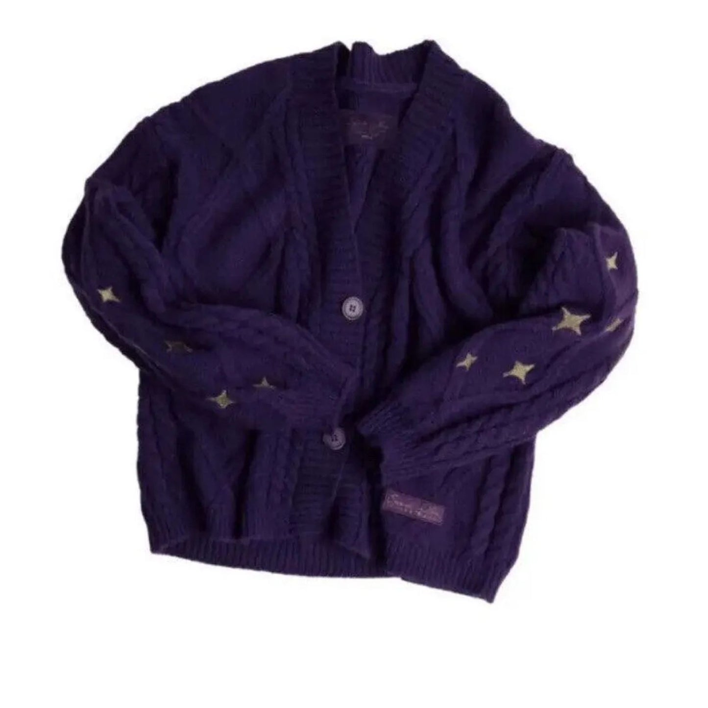 Taylor Swift Speak Now Cardigan – Star Embroidered Oversized Purple Sweater – Cozy Cable Knit Button Up – Hand Knitted Style