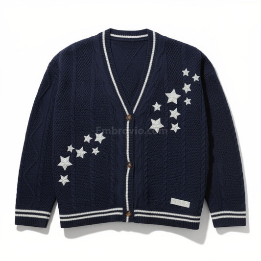 Taylor Swift Midnights Cardigan – Star Embroidered Oversized Purple Sweater – Cozy Cable Knit Button Up – Hand Knitted Style